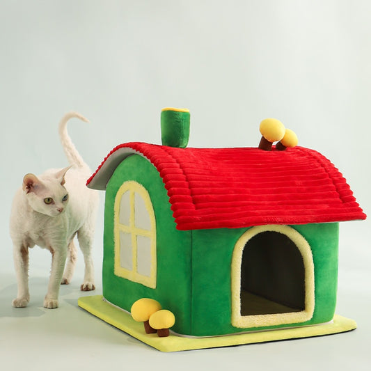 Wefulfil Cat Bed Indoor plush green house with red roof window and mushroom accents next to white cat
