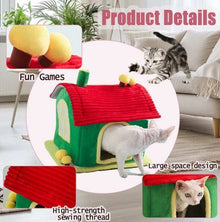Wefulfil Cat Bed Indoor plush green house with red roof and yellow pom poms showing cats entering and playing