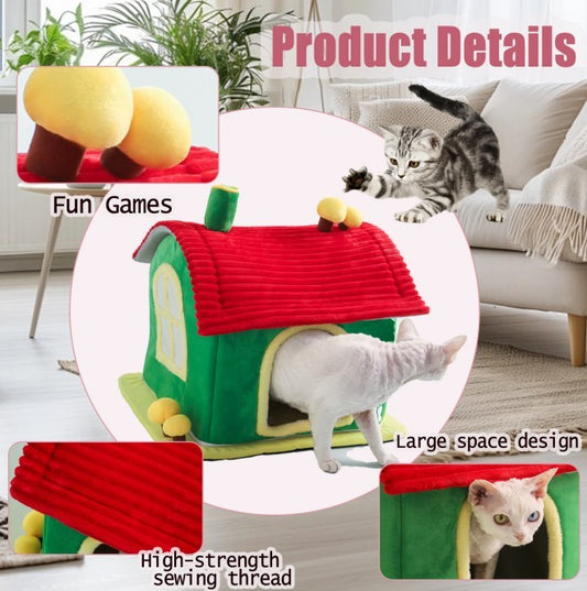 Wefulfil Cat Bed Indoor plush green house with red roof and yellow pom poms showing cats entering and playing