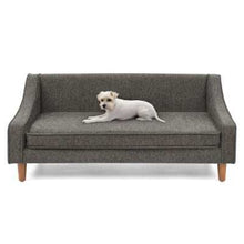 Wefulfil Dog Sofa Bed gray upholstered sofa with wooden legs and bolster sides with small white dog