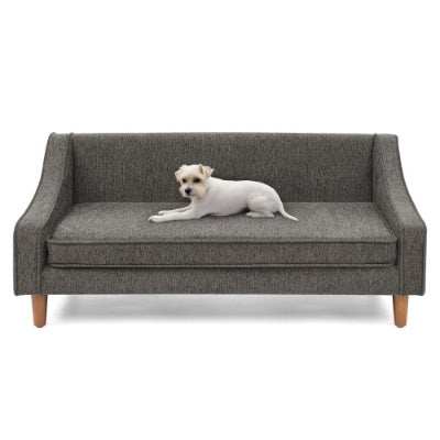 Wefulfil Dog Sofa Bed gray upholstered sofa with wooden legs and bolster sides with small white dog