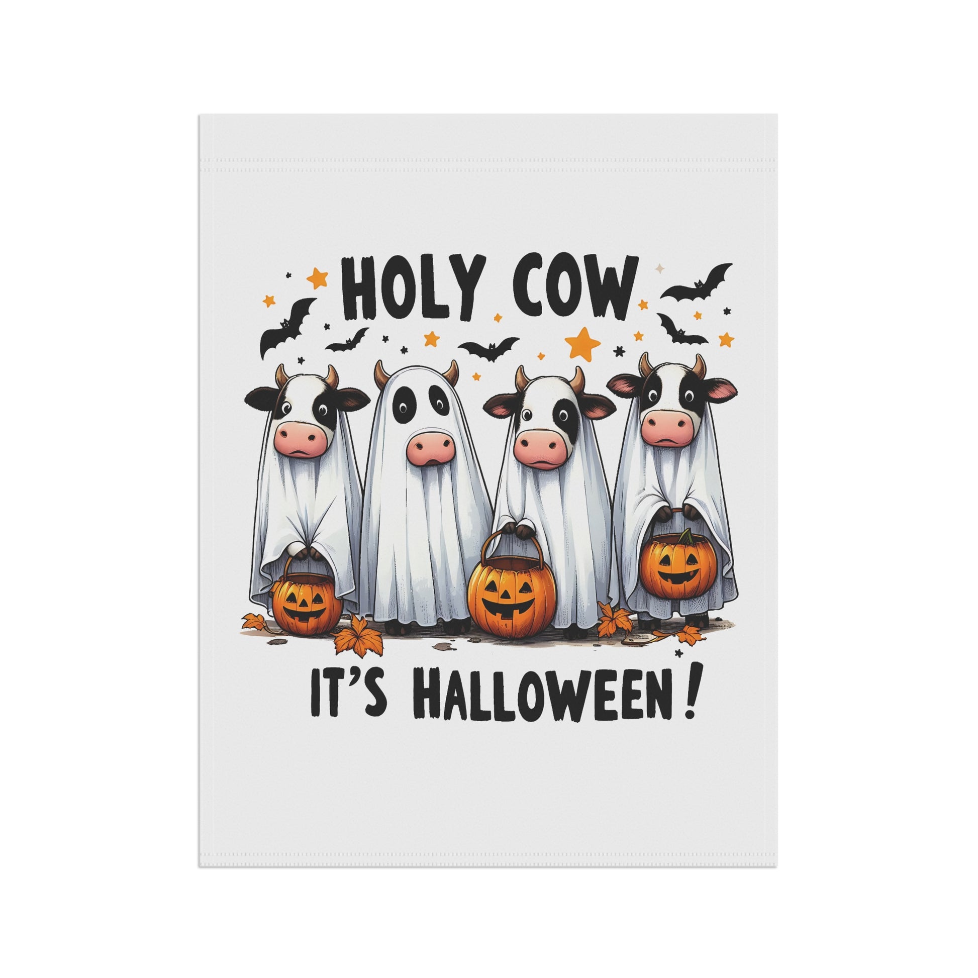 Printify Halloween Garden Banner featuring four cows dressed as ghosts holding jack o lanterns with bats and Holy Cow text