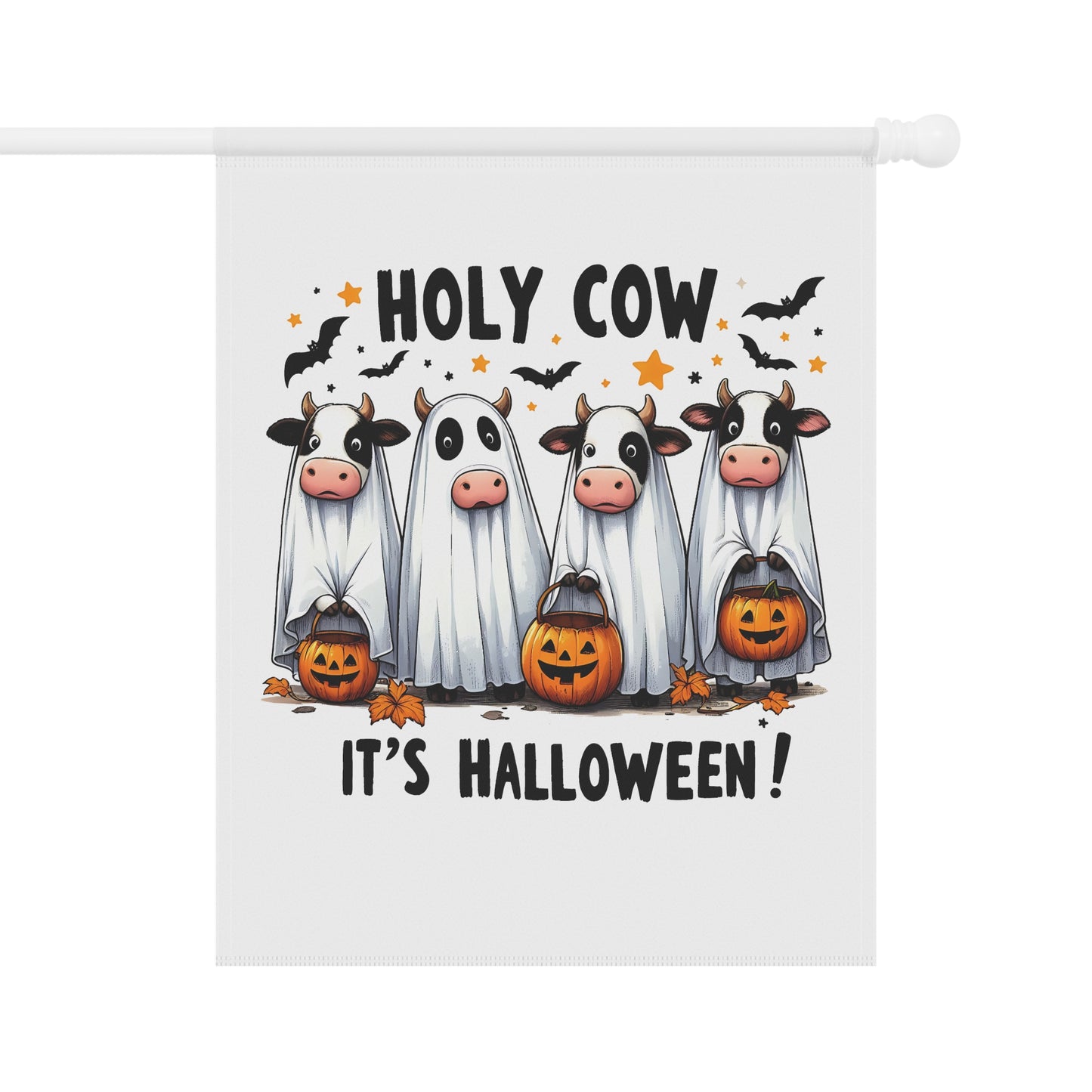 Printify Halloween Garden Banner with four cows dressed as ghosts holding jack o lanterns and bats for yard decor