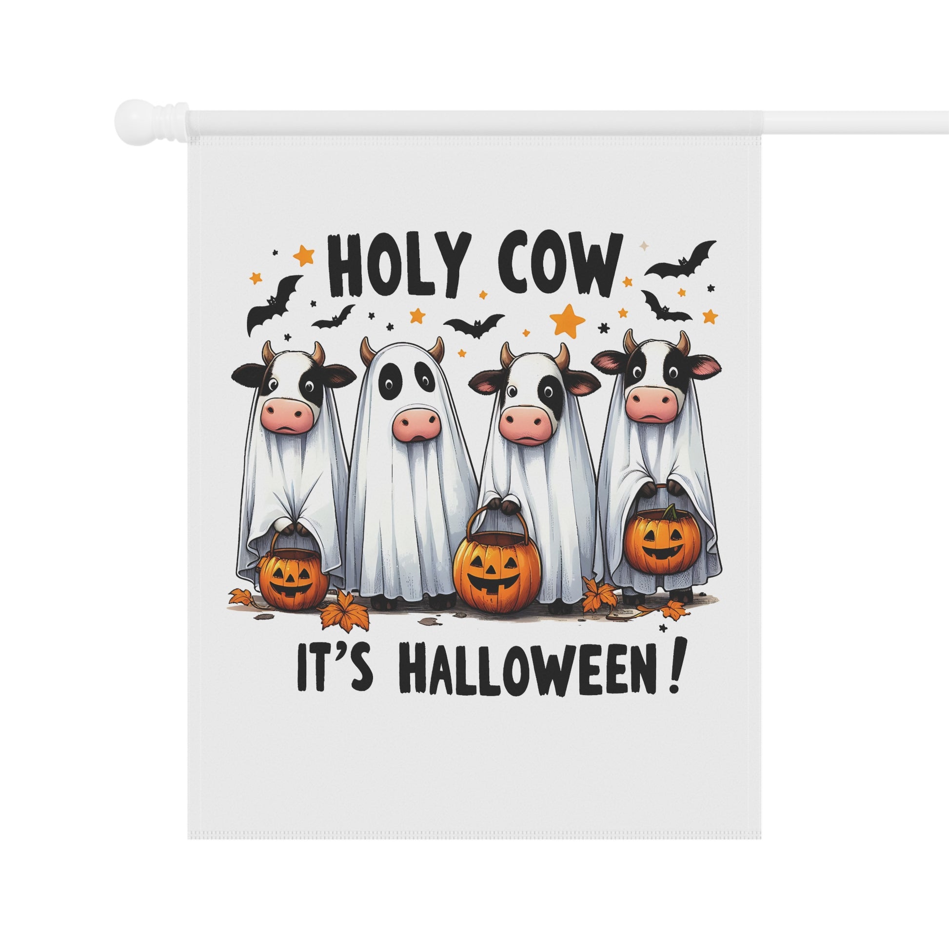 Printify Halloween Garden Banner with four cows dressed as ghosts holding jack o lanterns and bats