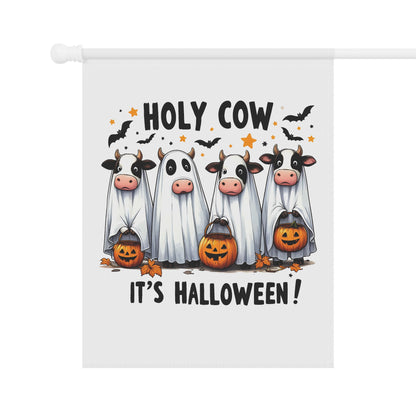 Printify Halloween Garden Banner with four cows dressed as ghosts holding jack o lanterns and bats