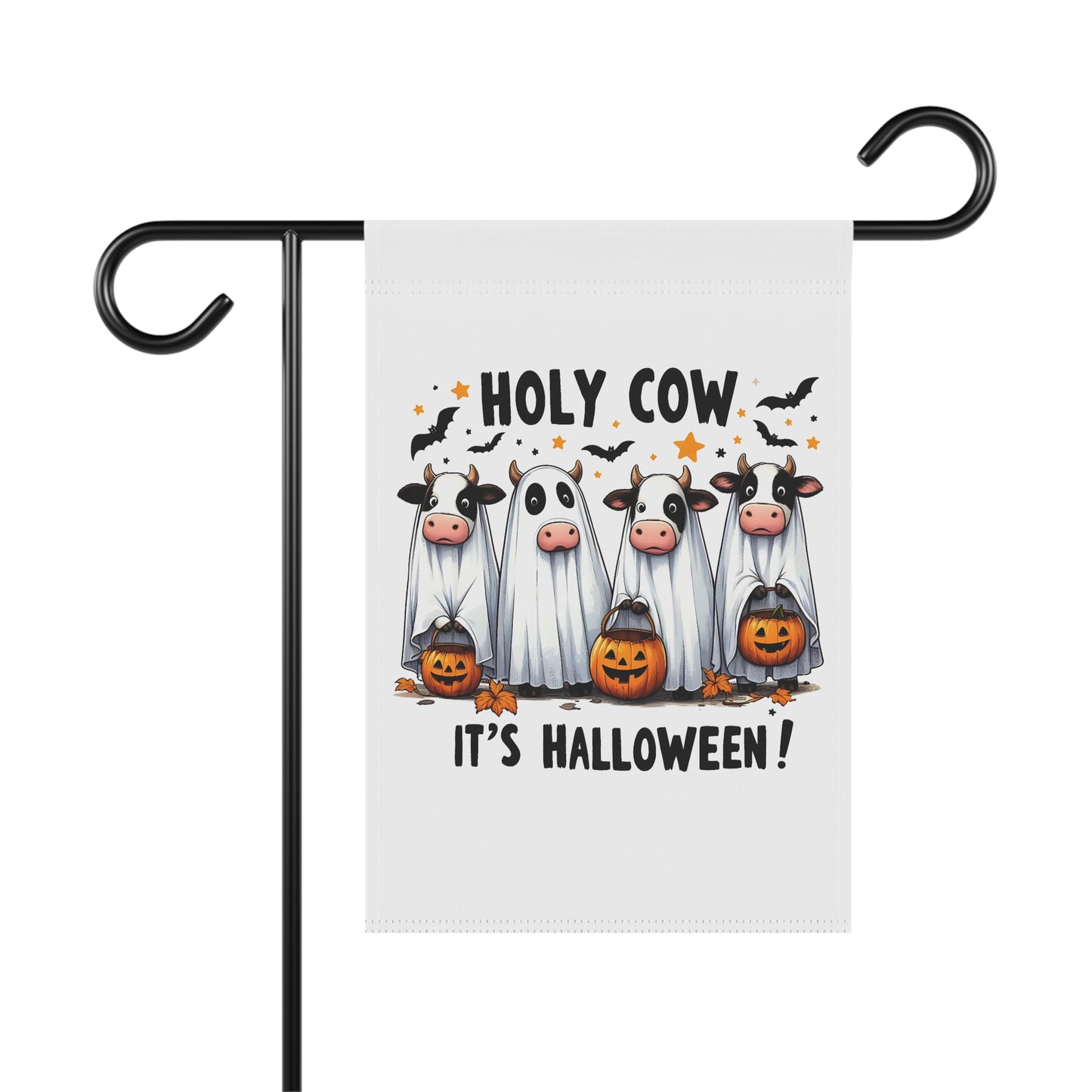 Printify Halloween Garden Banner with four cows in ghost costumes holding jack o lanterns and bats