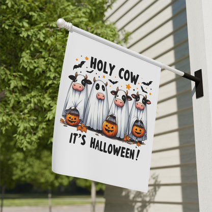Printify Halloween Garden Banner with four cows dressed as ghost costumes holding jack o lantern pumpkins