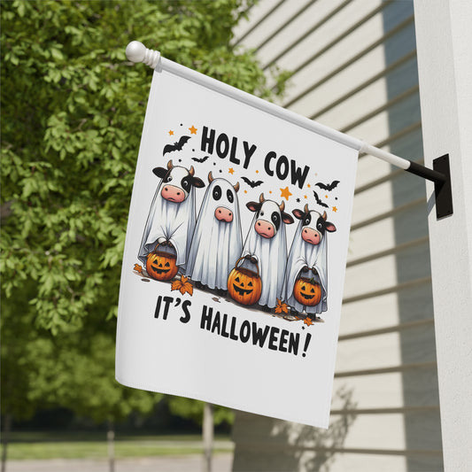 Printify Halloween Garden Banner with four cows dressed as ghost costumes holding jack o lantern pumpkins