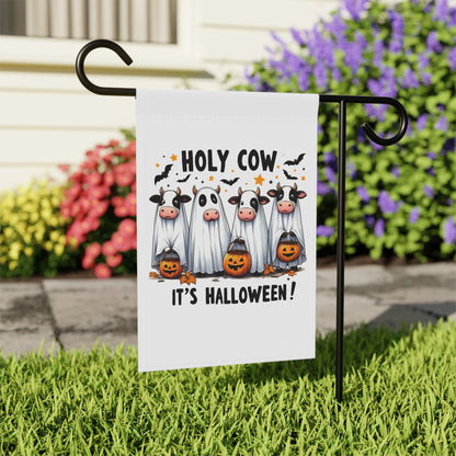 Halloween Garden Banner showing four cows in ghost costumes holding jack o lanterns with bats