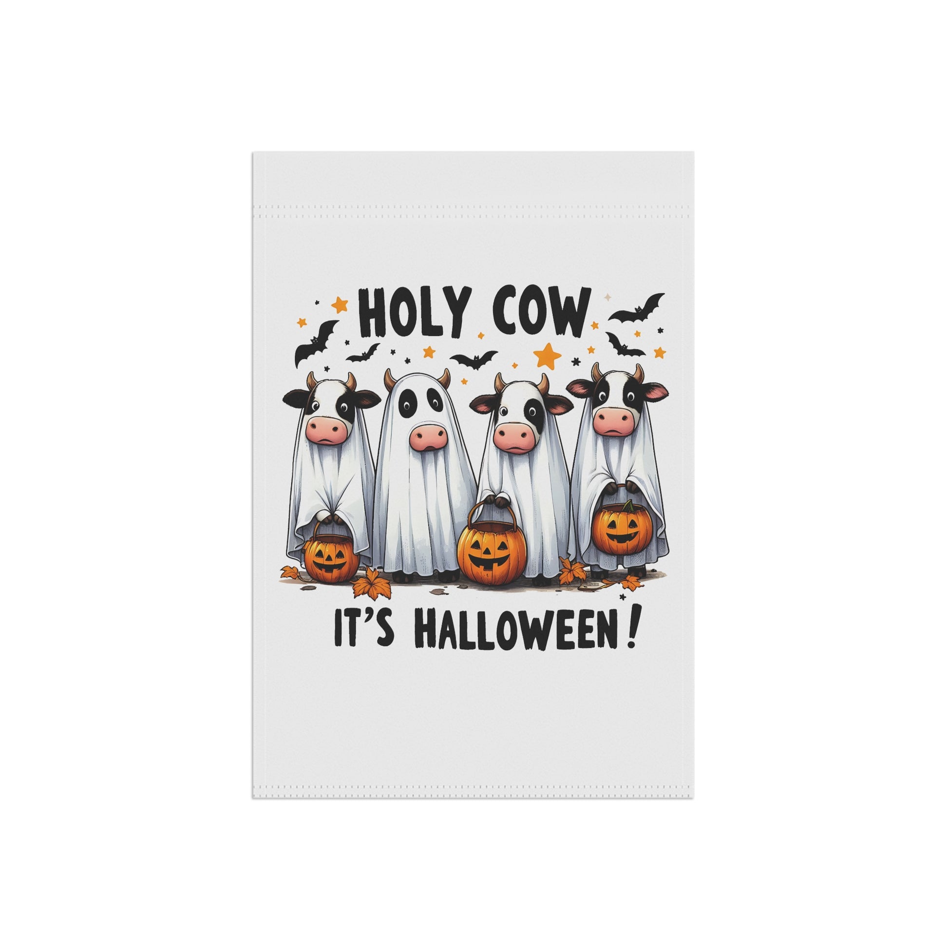 Halloween Garden Banner with four cows dressed as ghosts holding jack o lanterns with bats and stars