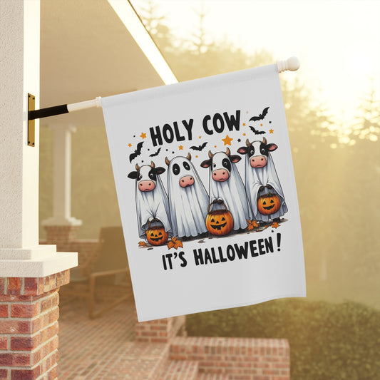 Printify Halloween Garden Banner with four cows dressed as ghosts holding jack o lanterns bats and text holy cow its halloween