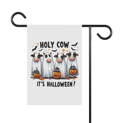 Printify Halloween Garden Banner with four cows dressed as ghosts holding jack o lantern pumpkins and flying bats