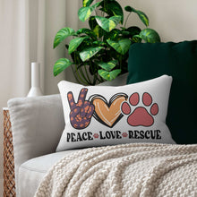 Printify Pet Lover Couch Pillow with Peace Love Rescue paw print heart and floral peace sign on white