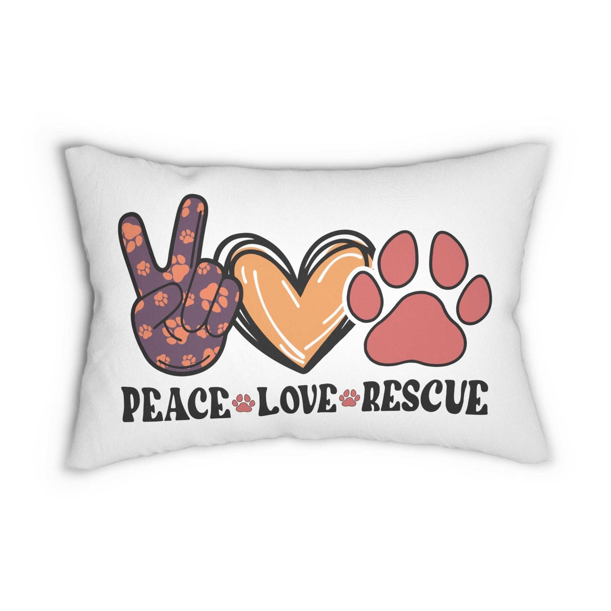 White rectangular Pet Lover Couch Pillow with peace sign paw print pattern heart and paw graphic and Peace Love Rescue text