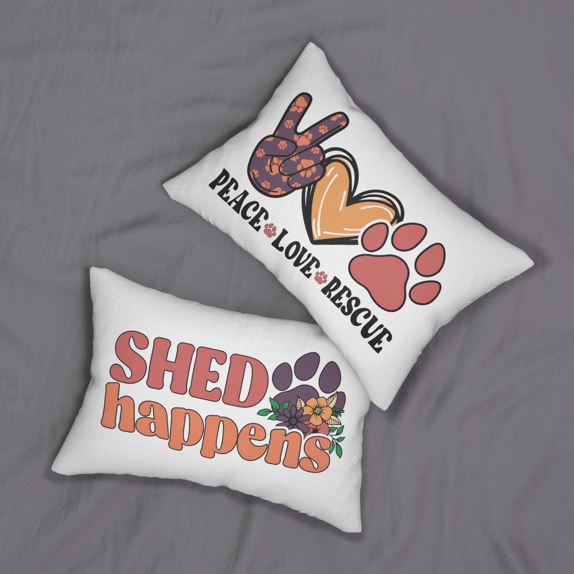 Pet Lover Couch Pillow set of two white rectangular throw pillows with Peace Love Rescue and Shed Happens designs