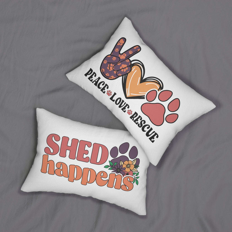 Pet Lover Couch Pillow set of two white rectangular throw pillows with Peace Love Rescue and Shed Happens designs