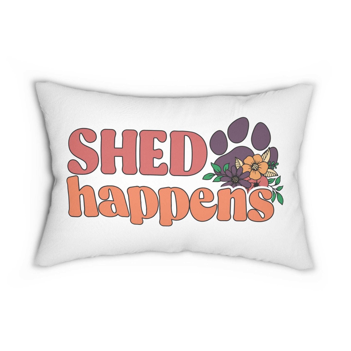 Pet Lover Couch Pillow white rectangular with SHED happens text floral accent and purple paw print