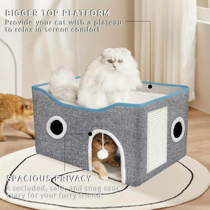 Wefulfil super wide cat house for indoor cats gray fabric box with top platform scratching pad and cozy hideaway
