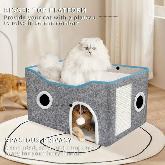 Wefulfil super wide cat house for indoor cats gray fabric box with top platform scratching pad and cozy hideaway