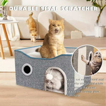 Wefulfil super wide cat house for indoor cats gray fabric box with sisal scratcher top and playful cats