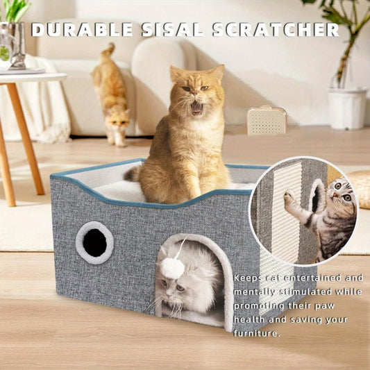 Wefulfil super wide cat house for indoor cats gray fabric box with sisal scratcher top and playful cats