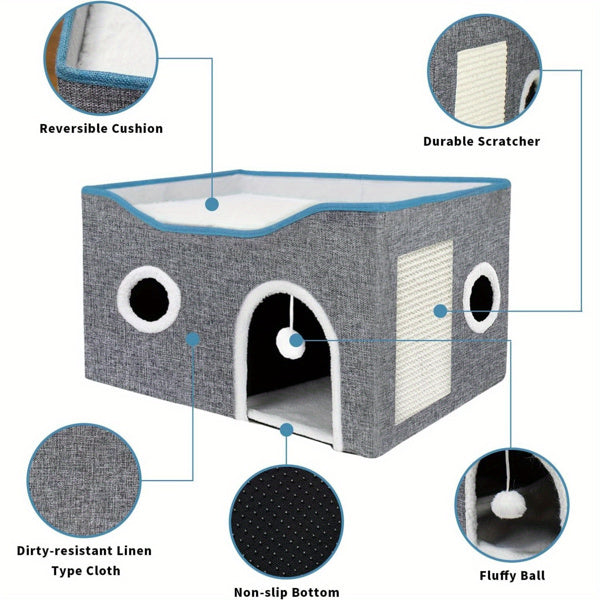 Wefulfil gray linen pet house with top bed sisal scratch panel round windows and toy pompom super wide cat house for indoor cats