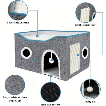 Wefulfil gray linen pet house with top bed sisal scratch panel round windows and toy pompom super wide cat house for indoor cats