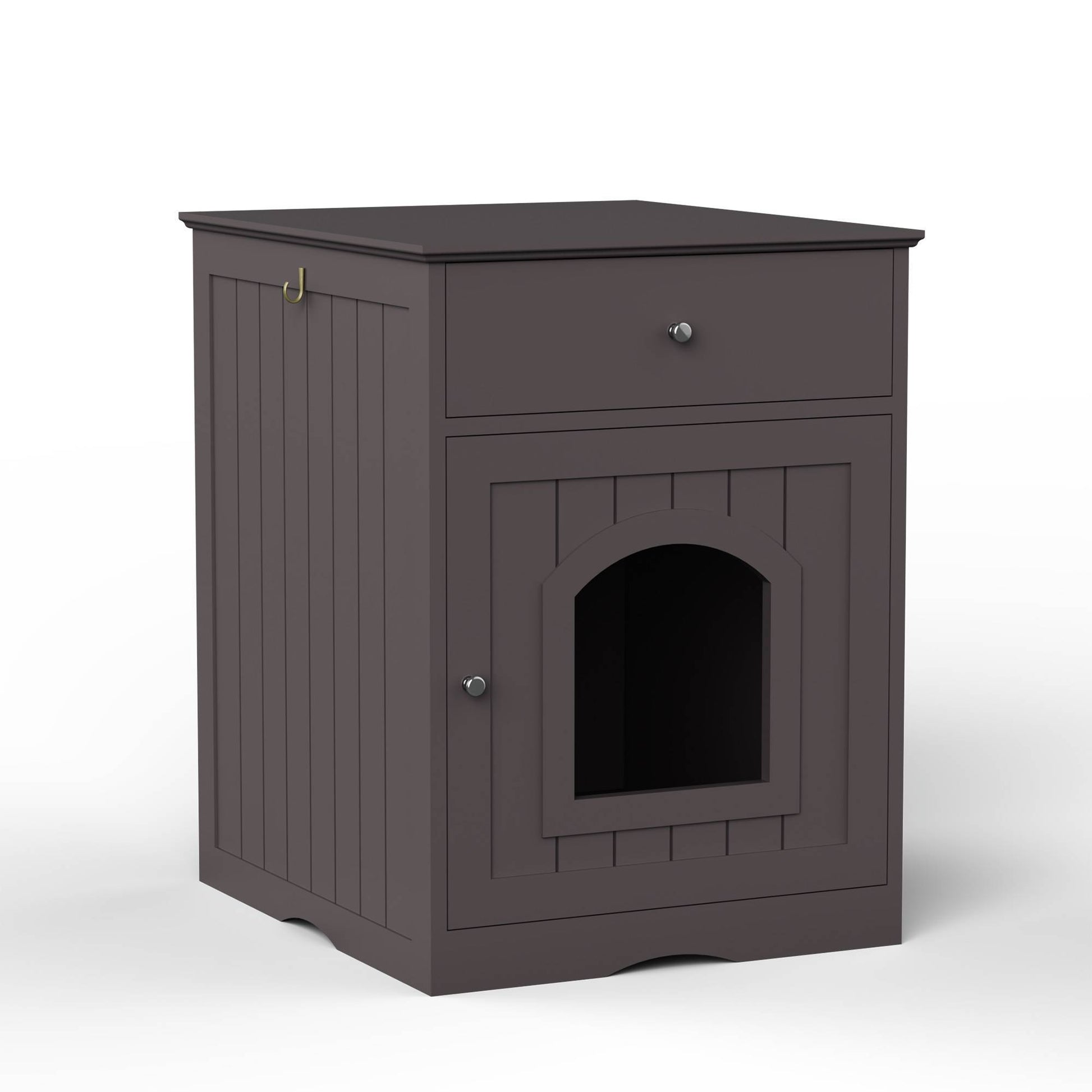 Wefulfil wooden cat litter box enclosure cabinet with drawer and arched entry in dark brown