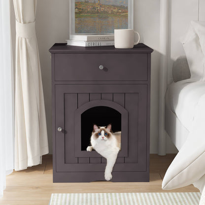 Wefulfil wooden cat litter box enclosure bedside cabinet in dark brown with drawer and cat peeking out