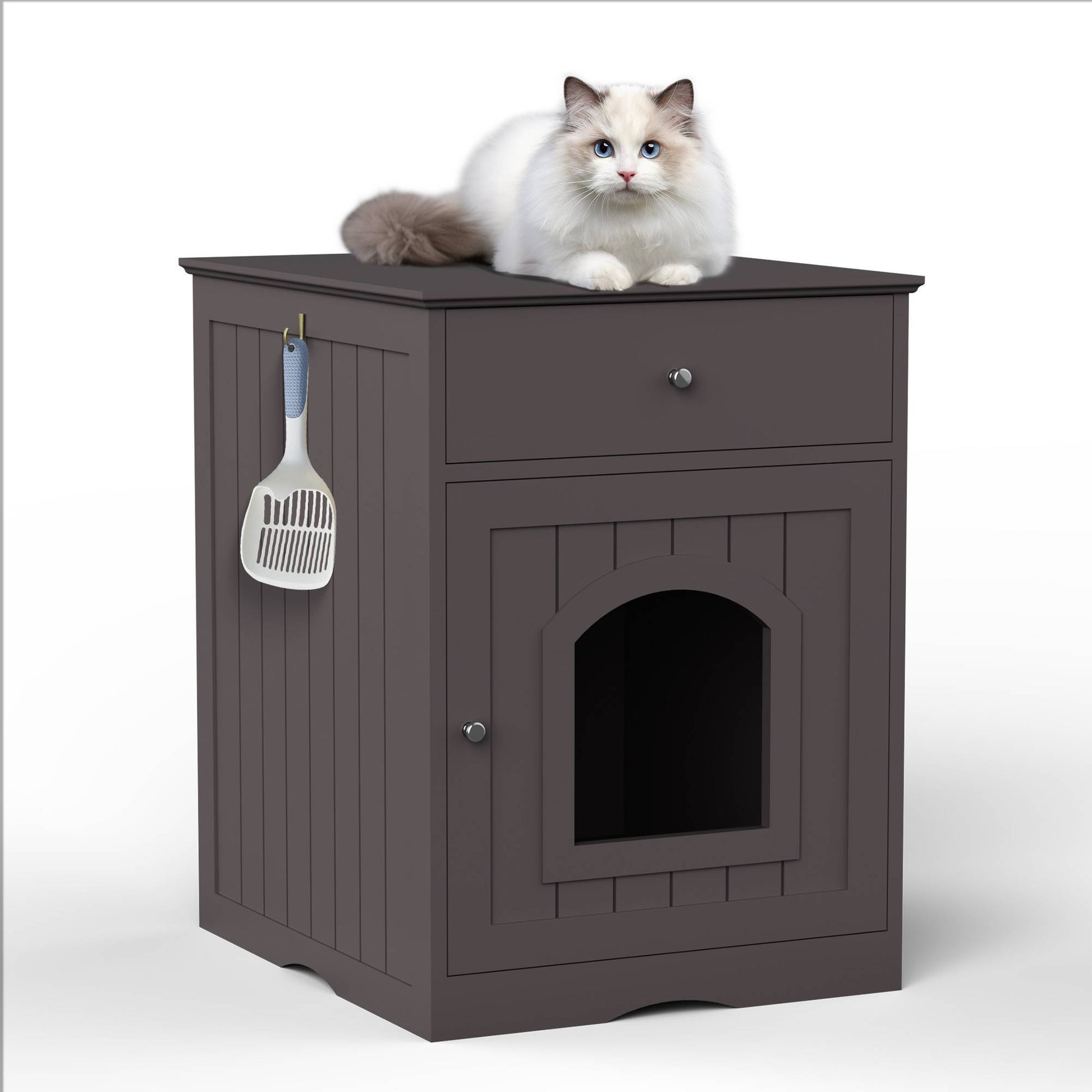 Wefulfil wooden cat litter box enclosure side table with arched front door drawer scoop and cat on top