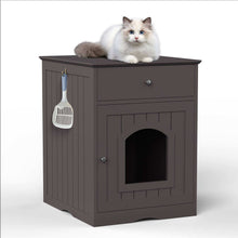 Wefulfil wooden cat litter box enclosure side table with arched front door drawer scoop and cat on top