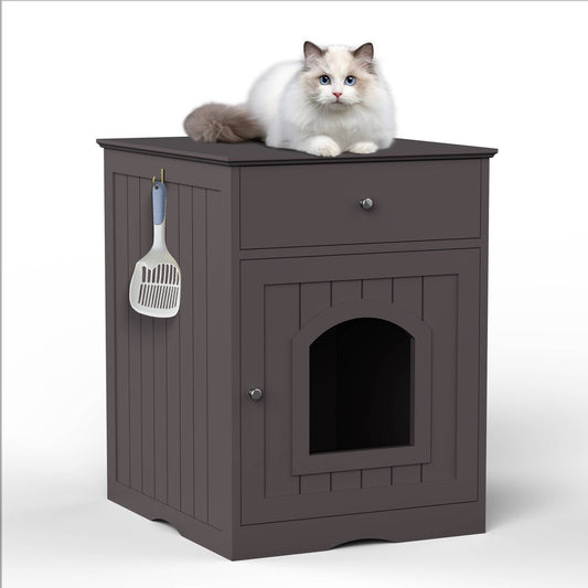 Wefulfil wooden cat litter box enclosure side table with arched front door drawer scoop and cat on top