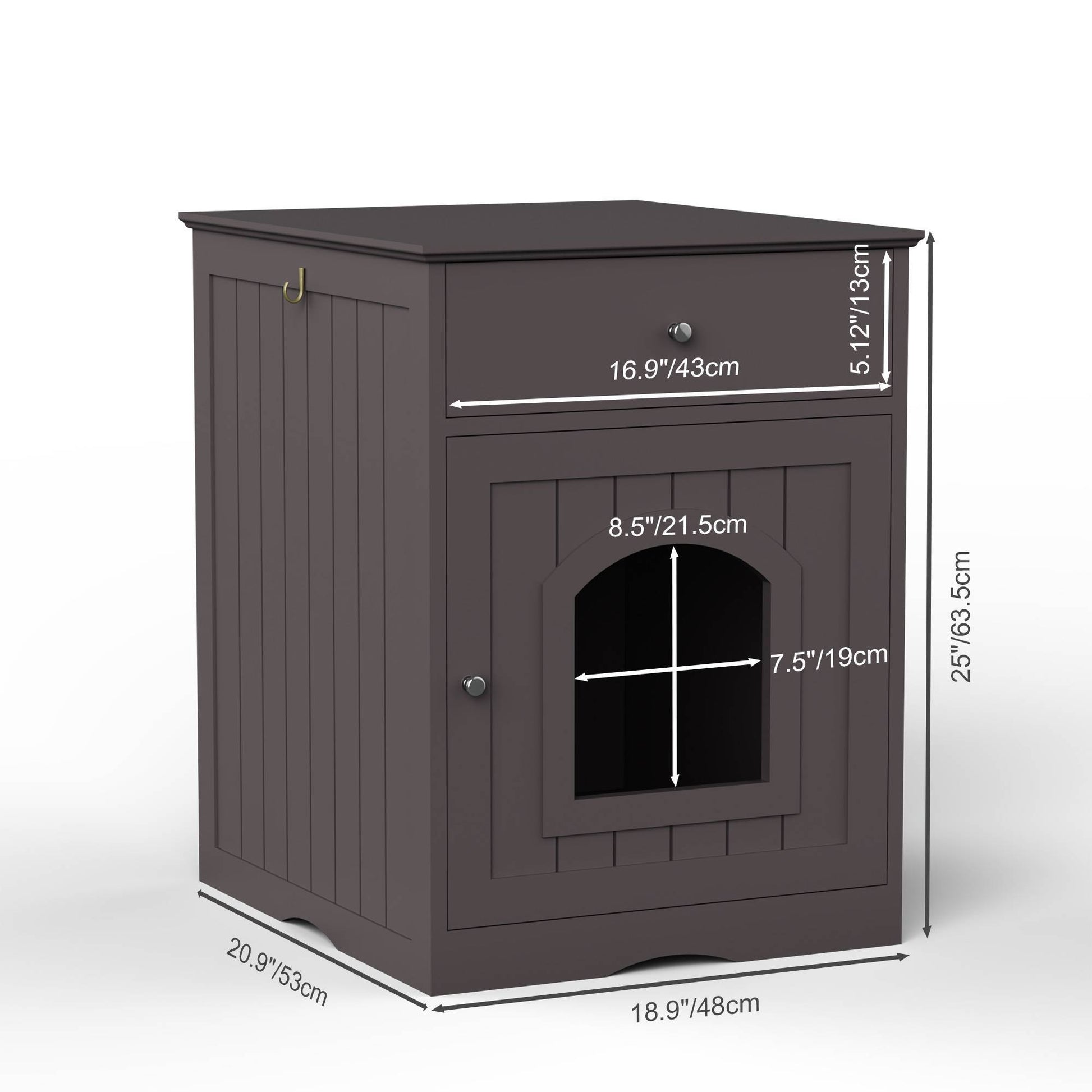 Wefulfil wooden cat litter box enclosure cabinet with front arched door and storage drawer in brown