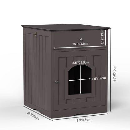 Wefulfil wooden cat litter box enclosure cabinet with front arched door and storage drawer in brown