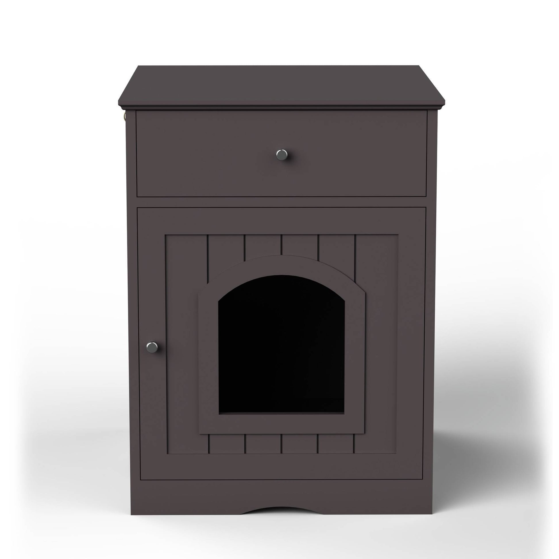 Wefulfil wooden cat litter box enclosure dark brown nightstand style cabinet with arched front door and top drawer