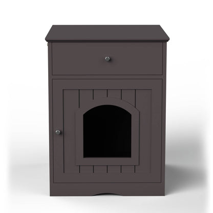 Wefulfil wooden cat litter box enclosure dark brown nightstand style cabinet with arched front door and top drawer