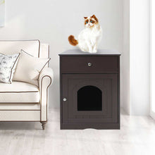 Wefulfil wooden cat litter box enclosure dark brown side table with drawer door and cat on top