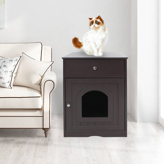 Wefulfil wooden cat litter box enclosure dark brown side table with drawer door and cat on top