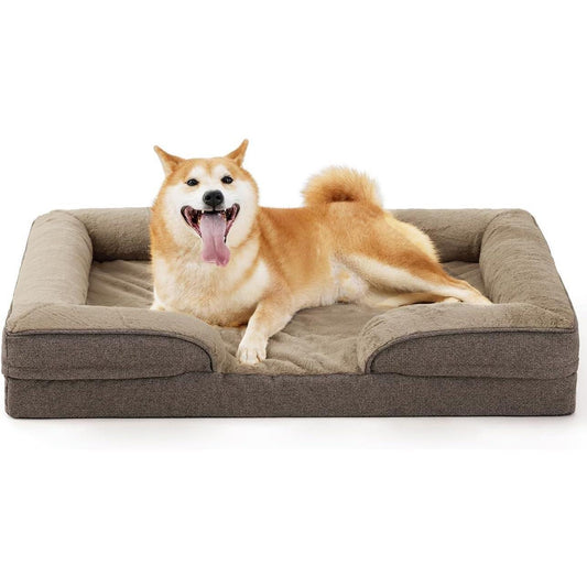 Wefulfil Foam Dog Sofa Mattress brown bolstered bed with plush center and relaxed dog lying on it