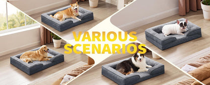 Wefulfil Foam Dog Sofa Mattress in gray shown in various living room scenarios with multiple dog breeds
