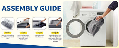 Wefulfil Foam Dog Sofa Mattress assembly guide showing four steps and removable washable cover in washing machine