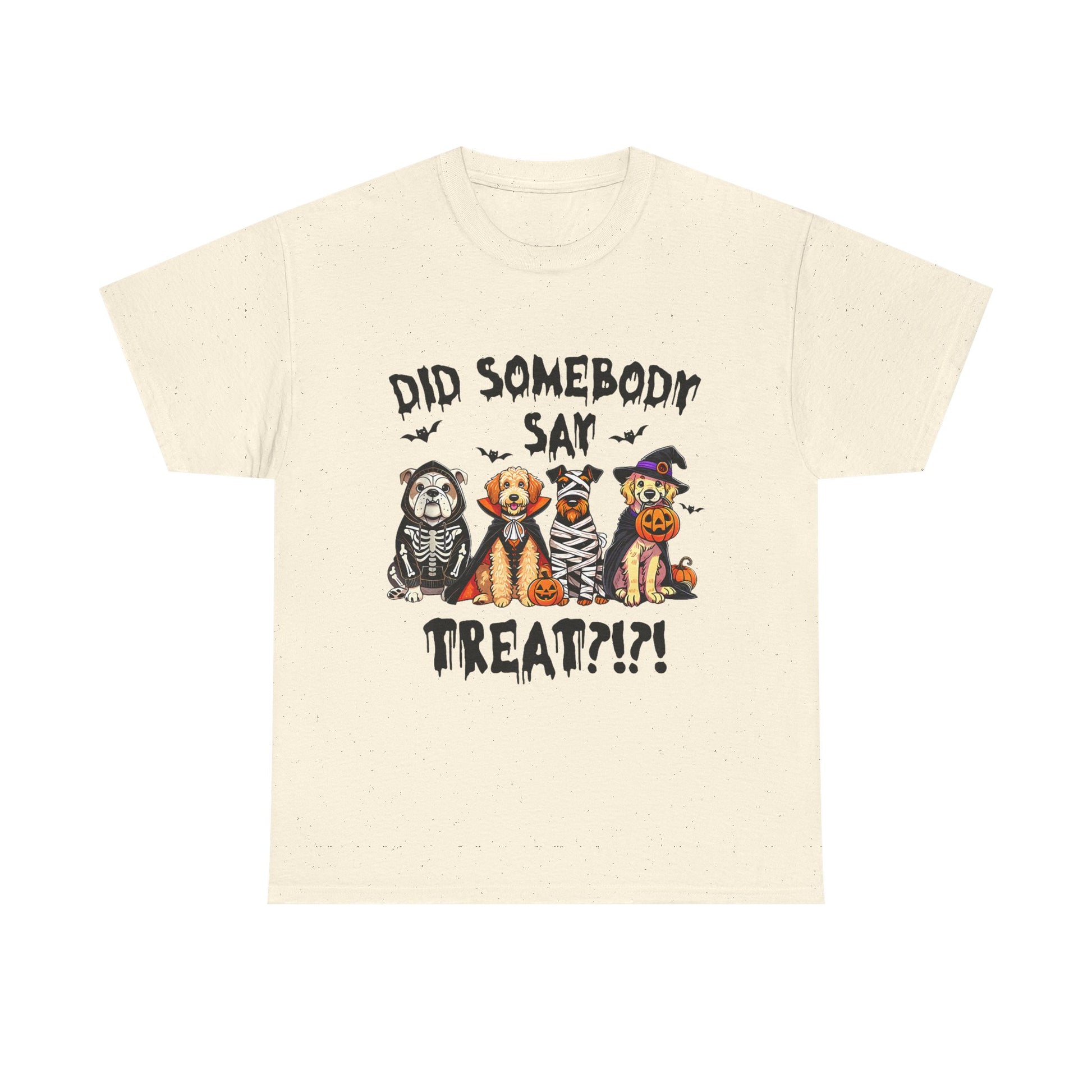 Printify Heavy Cotton T-Shirt cream tee with four dogs in Halloween costumes and Did Somebody Say Treat graphic