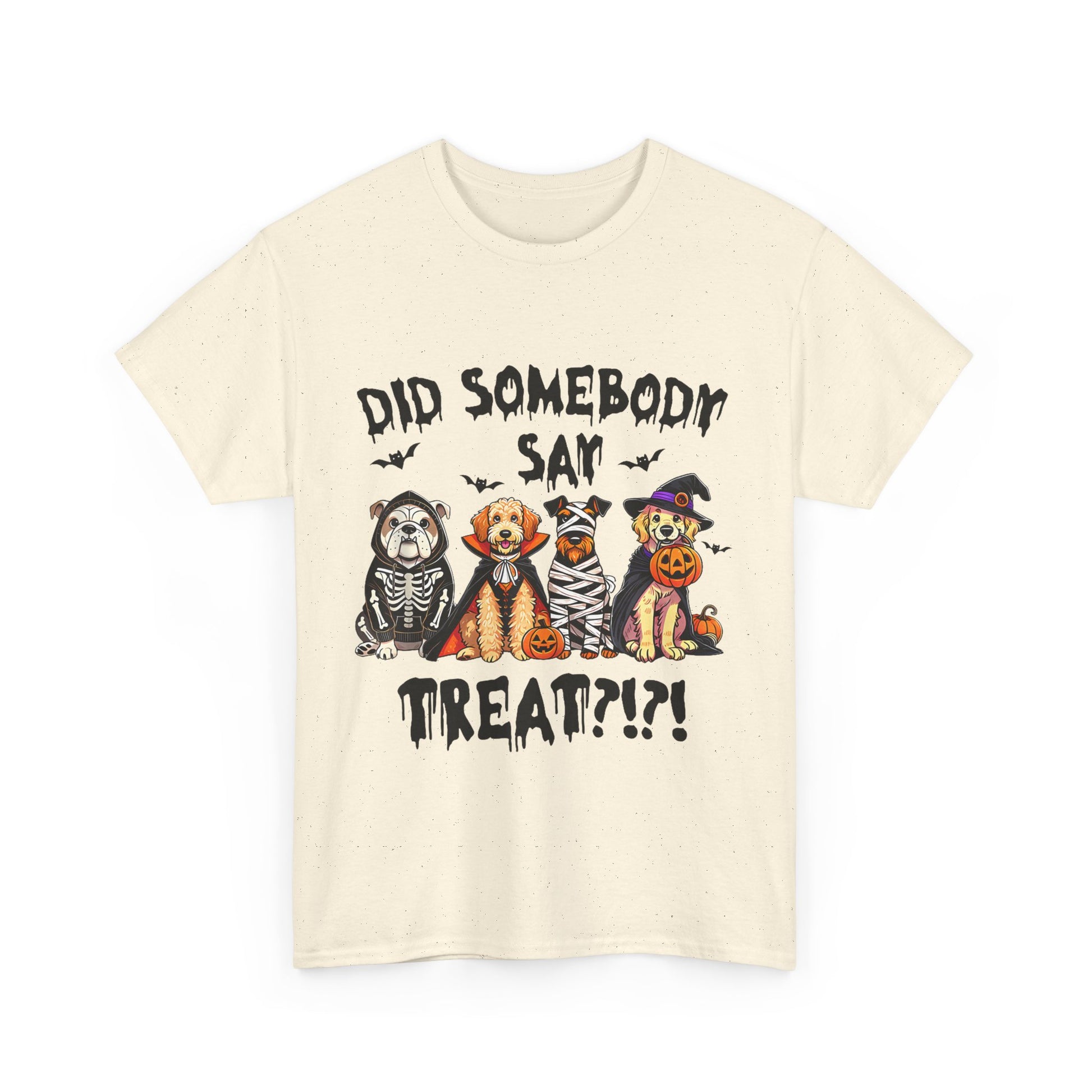 Printify Heavy Cotton T-Shirt cream with four dogs in Halloween costumes and Did Somebody Say Treat text