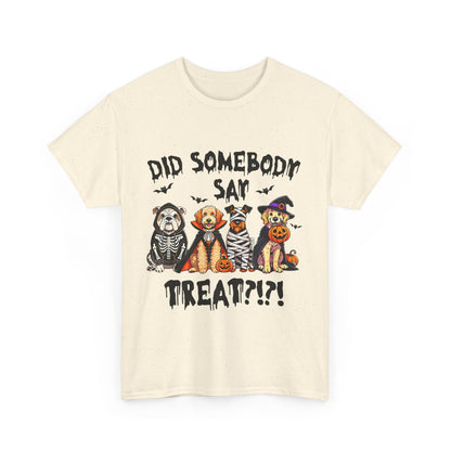 Printify Heavy Cotton T-Shirt cream with four dogs in Halloween costumes and Did Somebody Say Treat text