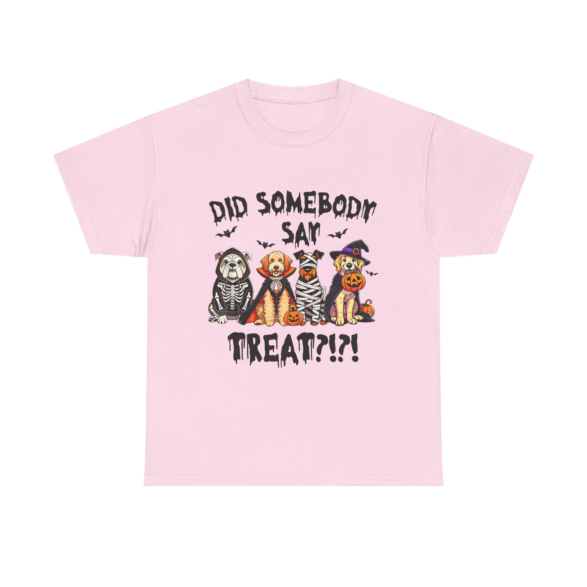 Printify pink Heavy Cotton T-Shirt featuring four dogs in Halloween costumes and Did Somebody Say Treat graphic