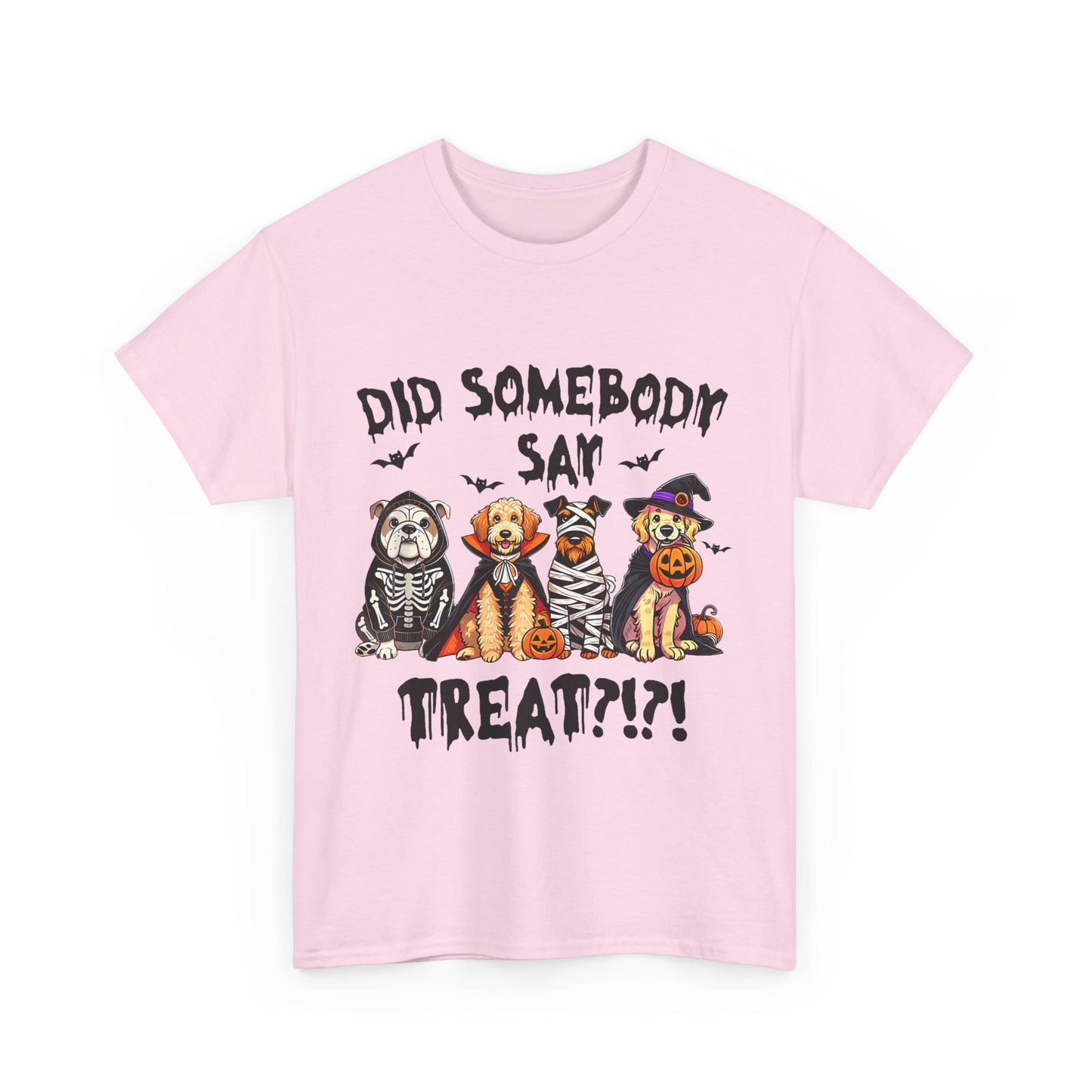 Printify Heavy Cotton T-Shirt light pink with four dogs in Halloween costumes and spooky Did Somebody Say Treat design
