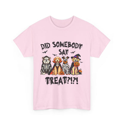 Printify Heavy Cotton T-Shirt light pink with four dogs in Halloween costumes and spooky Did Somebody Say Treat design