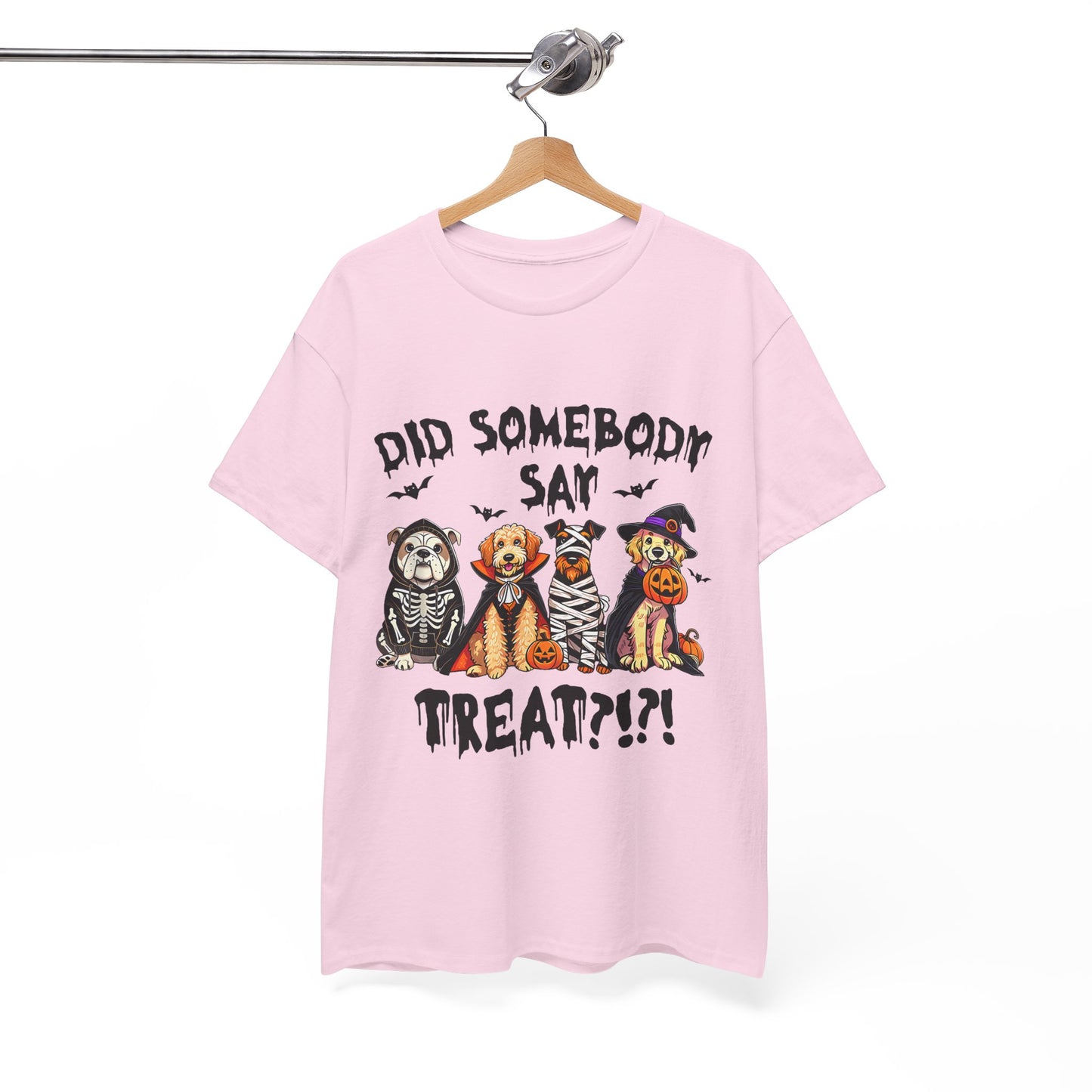 Light pink Heavy Cotton T-Shirt from Printify featuring four dogs in Halloween costumes and Did Somebody Say Treat text