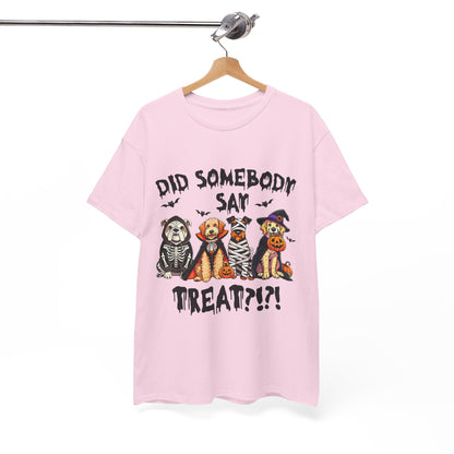 Light pink Heavy Cotton T-Shirt from Printify featuring four dogs in Halloween costumes and Did Somebody Say Treat text