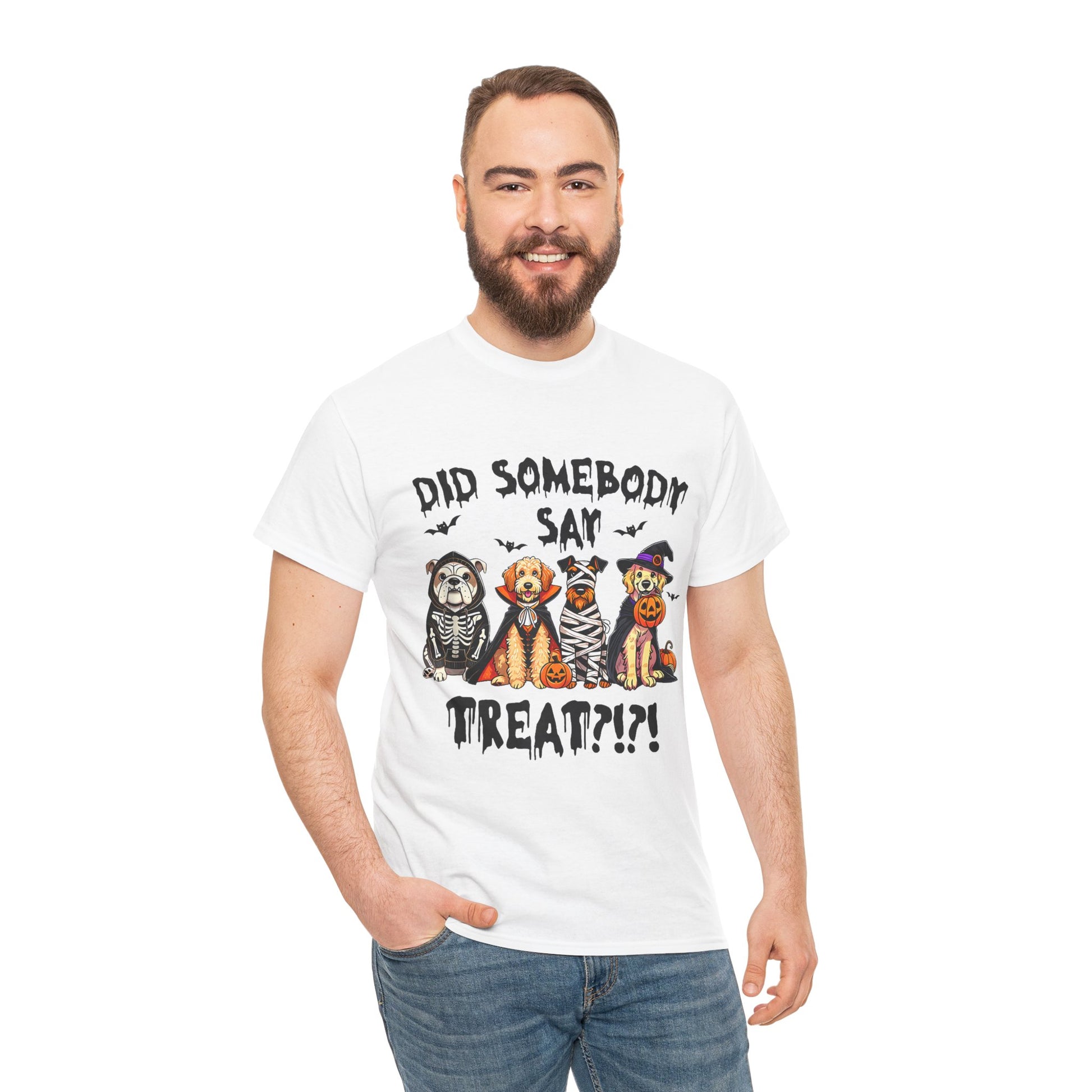 Printify Heavy Cotton T-Shirt white worn by smiling male model with Halloween dog costume graphic and text